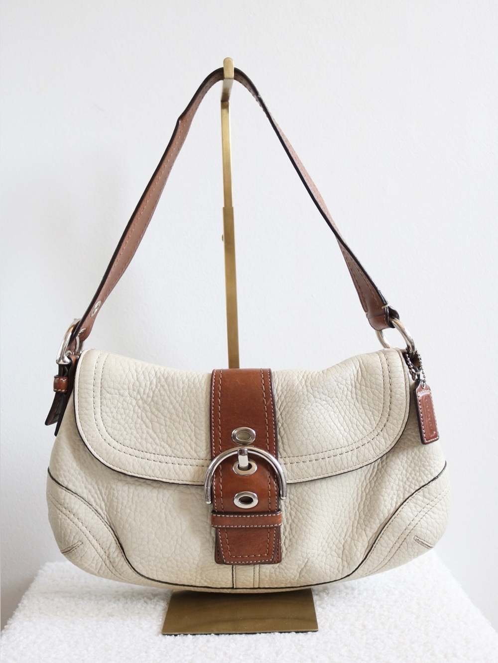 Vintage Coach Large SoHo Cream Brown Pebbled Leather Silver Hardware